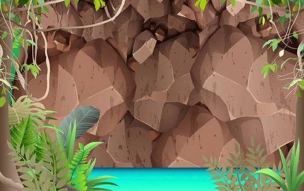 Landschap van groene vijver in de jungle op de rots berg — Stockvector