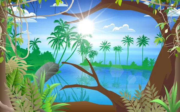 Τοπίο της ζούγκλας στην παραλία στο νησί κατά τη διάρκεια της ημέρας — Διανυσματικό Αρχείο
