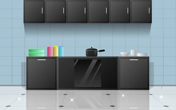 Armario negro equipo de cocina en la sala de cocina en la casa — Vector de stock