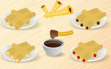 ahşap masa üzerinde plaka çikolata ile churros