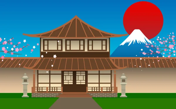 Paisagem da casa japonesa com fundo de montanha fuji — Vetor de Stock