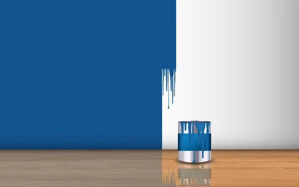 墙上的蓝色油漆和木地板上的油漆桶 — 图库矢量图片