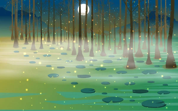 夜晚丛林中的河中的萤火虫 — 图库矢量图片