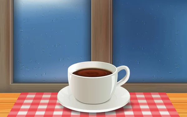 Xícara de café quente na mesa de madeira nas janelas de vidro no dia da chuva — Vetor de Stock