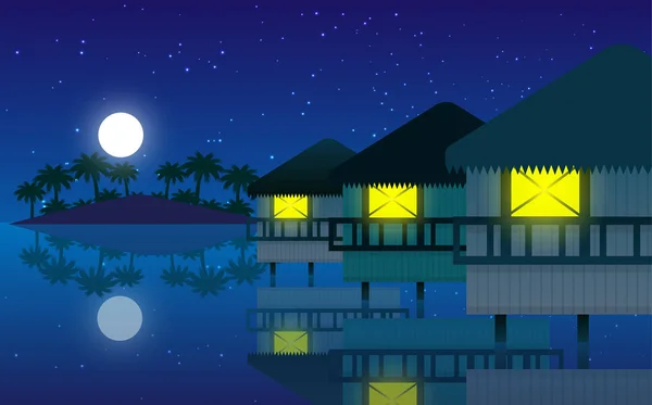 Paysage de bungalows sur la plage dans l'océan la nuit — Image vectorielle