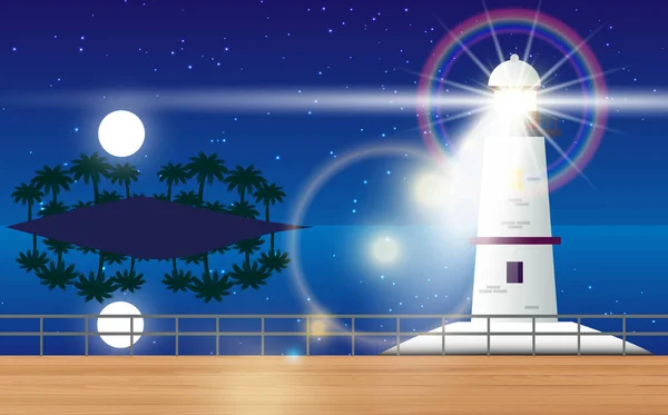 Luce del faro in spiaggia di notte — Vettoriale Stock