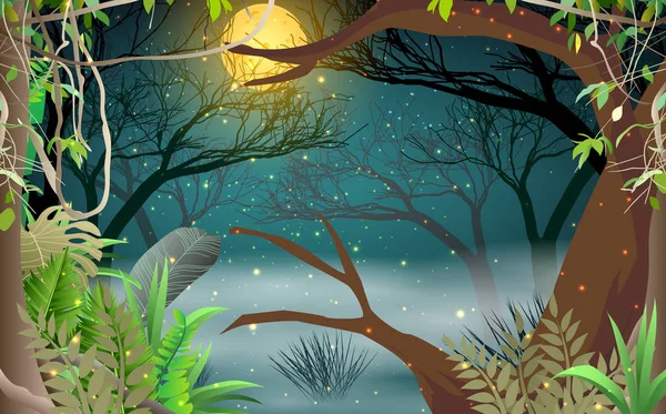 Fireflys at the swamp in the jungle in night — Stock Vector