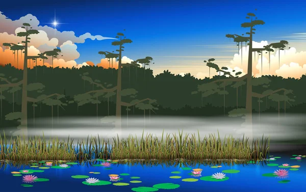 日落时分丛林中的沼泽景观 — 图库矢量图片