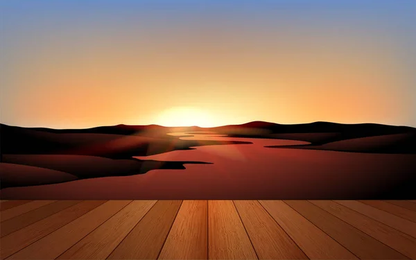 Wooden Floor Landscape River Morning — 스톡 벡터