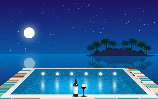 Paesaggio di piscina sulla spiaggia di notte — Vettoriale Stock