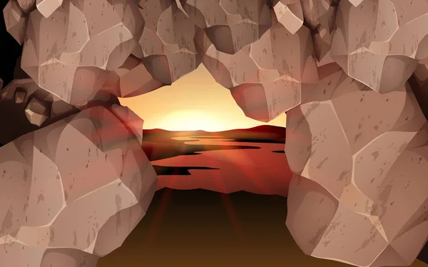 A barlang tája a reggelen a sziklán — Stock Vector