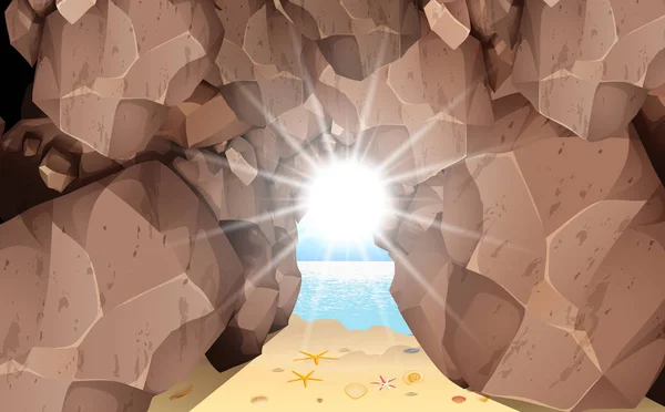 Φως του ήλιου στο σπήλαιο στην παραλία το πρωί — Διανυσματικό Αρχείο