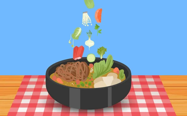 Hotpot en ingrediënten op de houten tafel — Stockvector