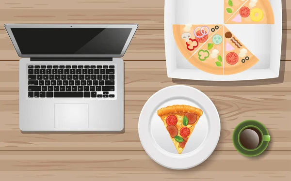 Computerarbeitsplatz und Pizza auf dem Holztisch — Stockvektor