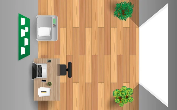 Escritorio de la computadora en la mesa de madera en la oficina — Vector de stock