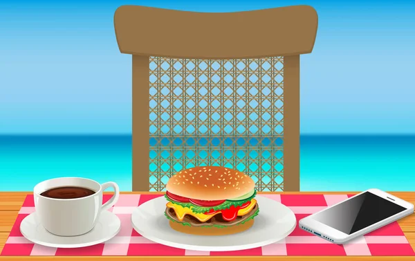 海滩上的木桌上的汉堡和咖啡 — 图库矢量图片
