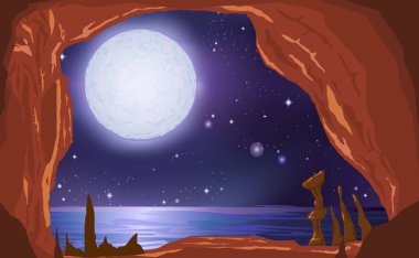 gece okyanusta mağara manzara