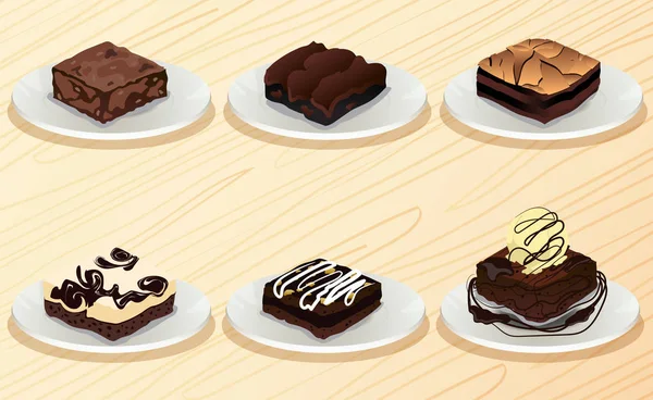 Brownie en el plato en la mesa de madera — Vector de stock