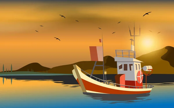 Boa rybacki na Oceanie w zachód słońca — Wektor stockowy
