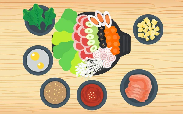 Hotpot Ingrediënten Houten Tafel — Stockvector