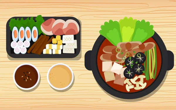 Hotpot Ingrediënten Houten Tafel — Stockvector