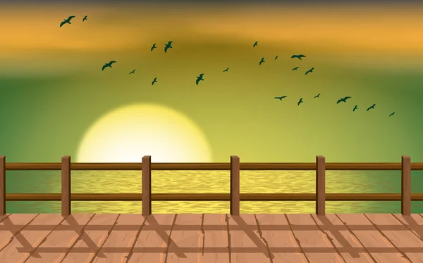 Paisaje de puente de madera en la playa al atardecer — Vector de stock