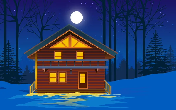 Casa in legno nella foresta in inverno — Vettoriale Stock