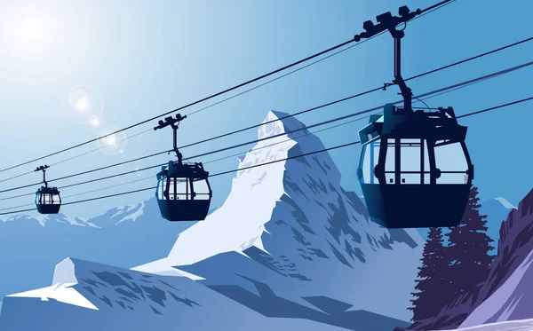 Cable car on the snow mountain — Stock Vector