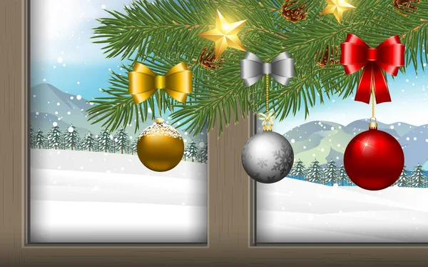 Weihnachtsbaum am Fenster im Winter — Stockvektor