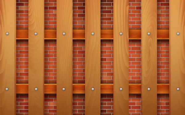 Mur en bois sur le fond du mur de briques — Image vectorielle
