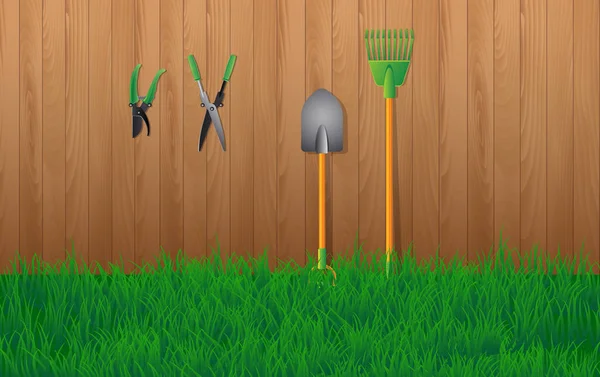 Outils de jardinage au mur en bois dans le jardin — Image vectorielle