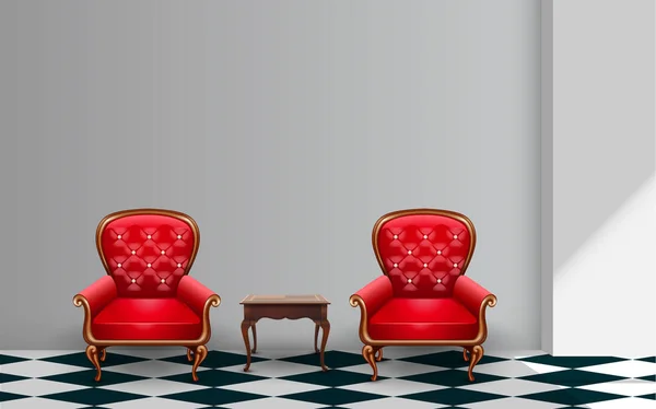 Κόκκινες Καρέκλες Και Ξύλινο Τραπέζι Στο Δωμάτιο — Διανυσματικό Αρχείο