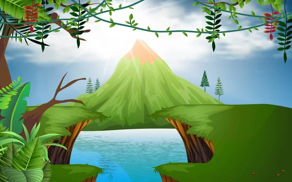 Paisaje de selva en la laguna con fondo verde de montaña — Vector de stock