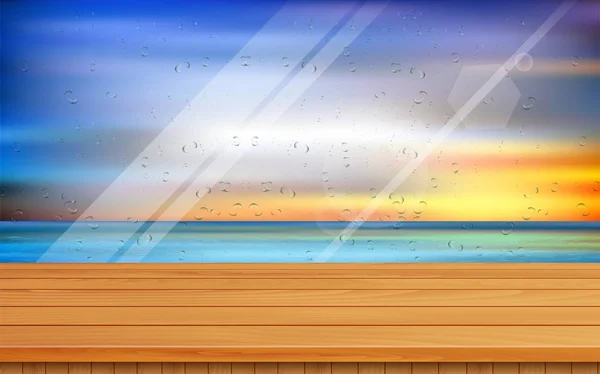 Table en bois dans la chambre sur la plage le matin — Image vectorielle