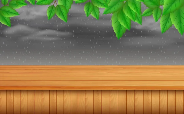 Ξύλινο τραπέζι και πράσινα φύλλα σε ένα βροχερό φόντο — Διανυσματικό Αρχείο