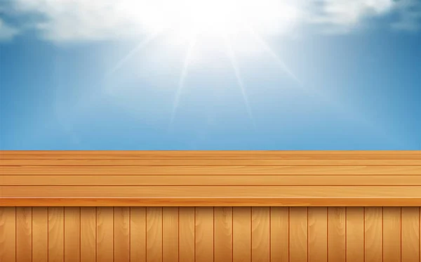 Mesa de madera con luz solar sobre fondo azul — Vector de stock