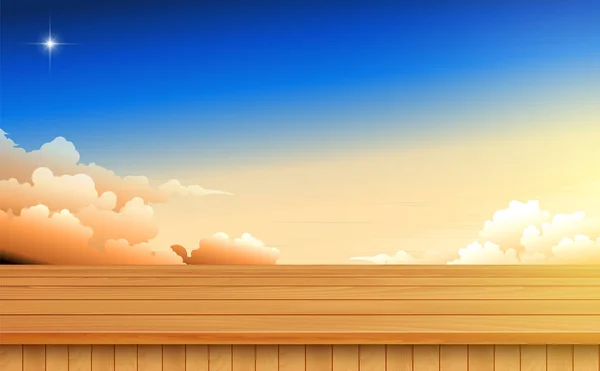 Mesa de madera con cielo paisaje y puesta de sol — Vector de stock