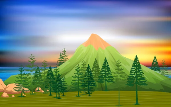 Paisaje de montaña verde en la isla al atardecer — Vector de stock