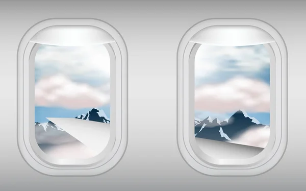 Vista de nuvens no céu com a montanha na janela de um avião — Vetor de Stock