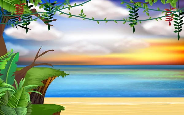 Krajina útesu na pláži při západu slunce — Stockový vektor