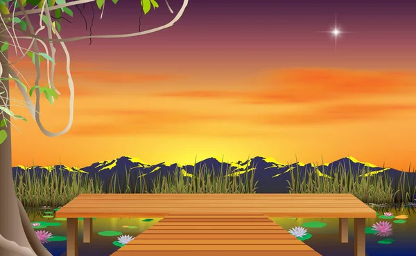 Krajina dřevěné podlahy na řece při západu slunce — Stockový vektor