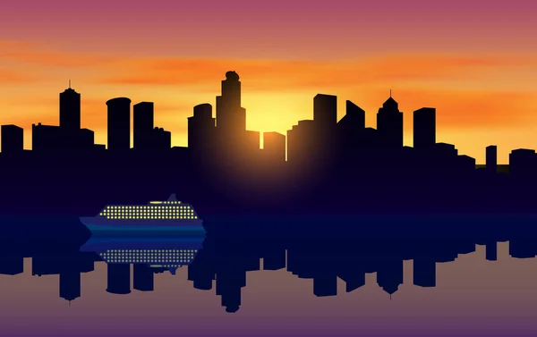日落网中的河流中的城市景观 — 图库矢量图片