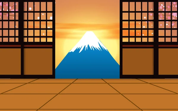 Paisaje de montaña fuji en la puesta del sol — Vector de stock