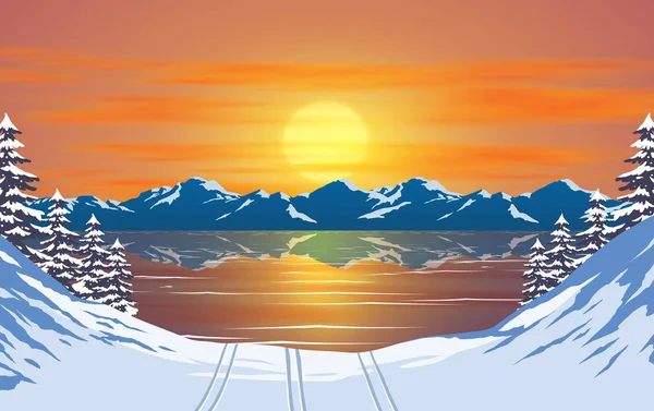 Táj a lagúna a hóban hegyen reggel — Stock Vector