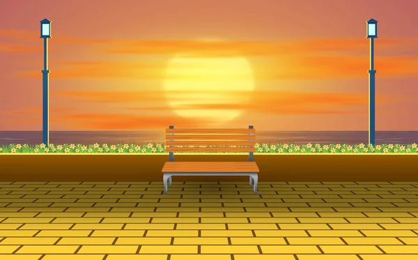 Ξύλινη καρέκλα στην παραλία στο ηλιοβασίλεμα — Διανυσματικό Αρχείο