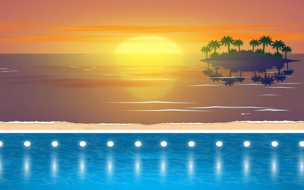 Paisagem da piscina na praia ao pôr do sol — Vetor de Stock