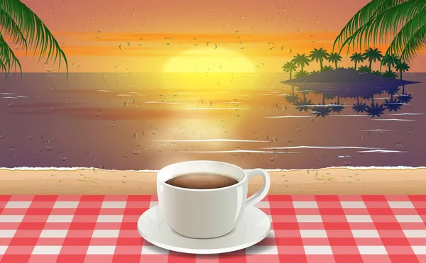 Kaffeetasse am Morgen auf dem Tisch am Strand — Stockvektor