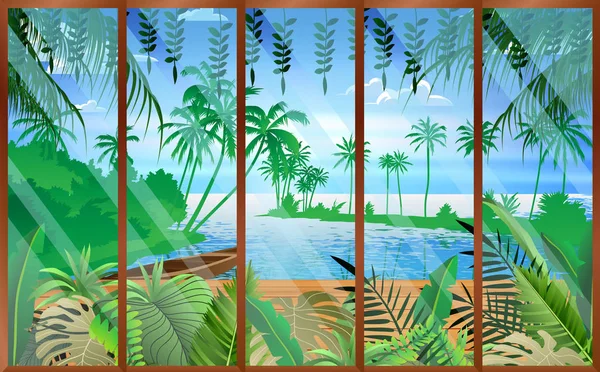 View of river at the glass windows in wooden house — Stock Vector