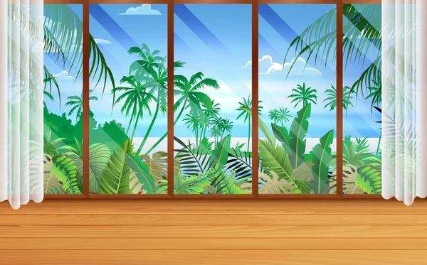 View of river at the glass windows in wooden house — Stock Vector