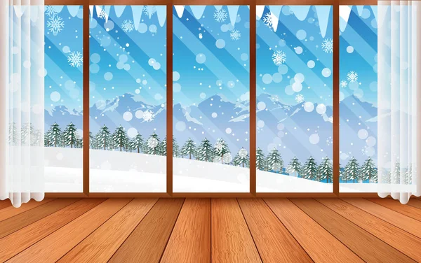Paisaje de montaña de nieve en las ventanas de cristal — Vector de stock
